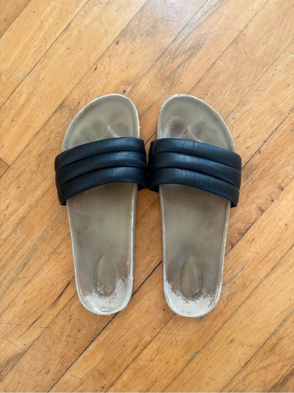Beatrice Valenzuela Black Slide Sandals with Tan Footbed